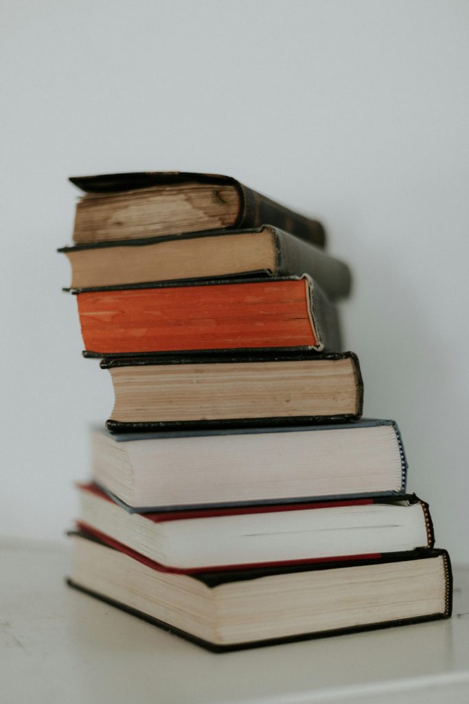 braune und rote Bücher auf weißem Untergrund